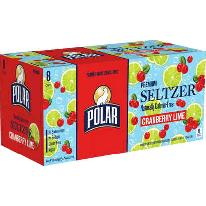 Polar Zero Calorie Cranberry Lime Sparkling Seltzer Water, 8 Pack of 12oz Cans