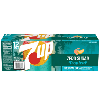 7UP Tropical Zero Sugar Lemon Lime Mango Peach Soda, 12 Pack of 12oz Cans