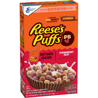 REESE'S PUFFS PB+J Superfan Cereal, Limited Edition, Family Size, 19.7 oz