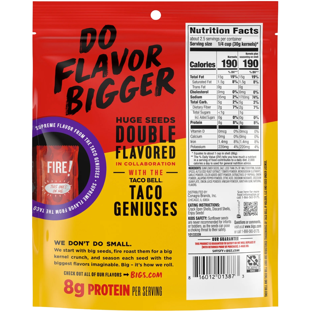 BIGS Taco Bell Fire Sauce Flavored Sunflower Seeds, 5.35 oz