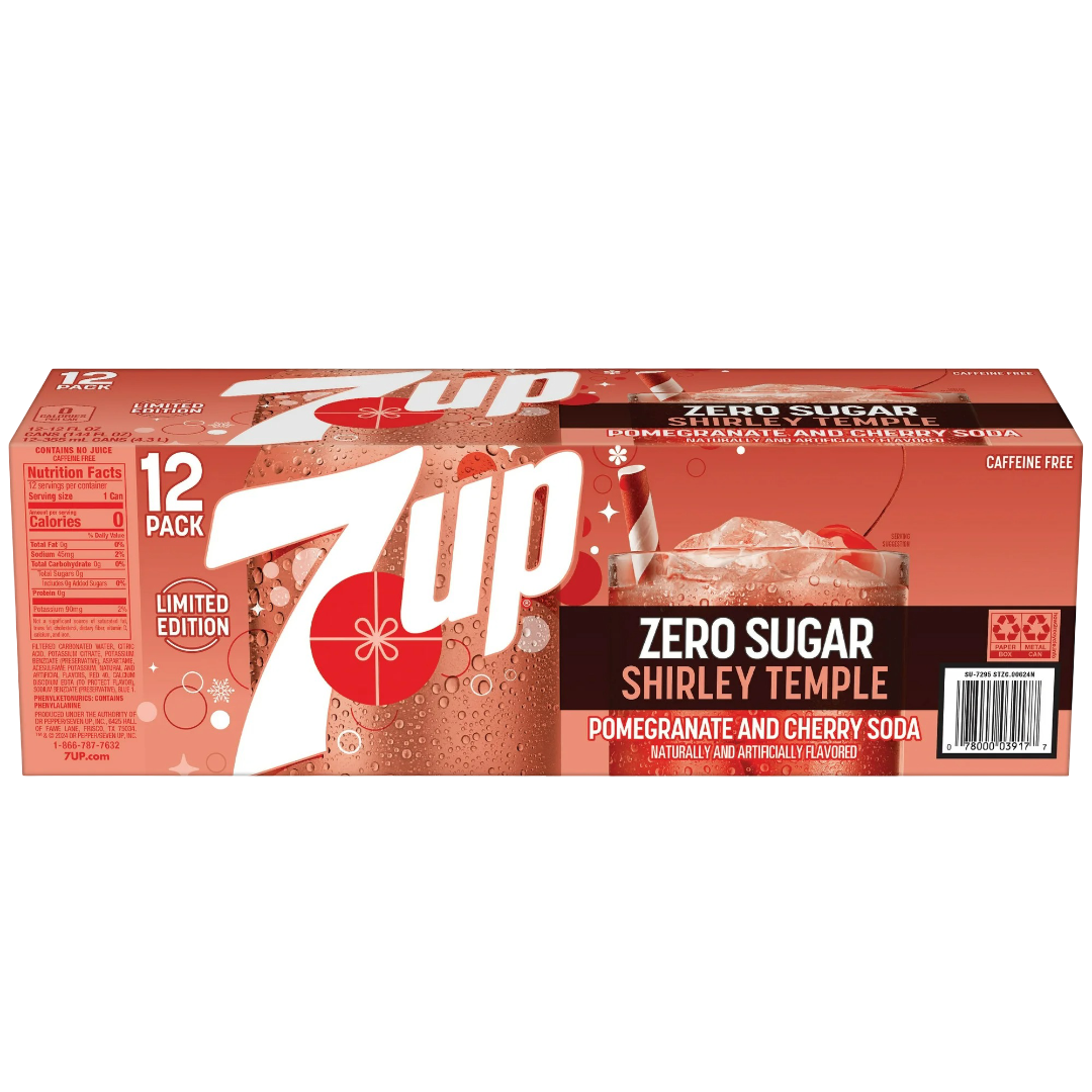7up Shirley Temple Pomegranate & Cherry Zero Sugar Soda, 12 Pack of 12oz Cans