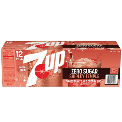 7up Shirley Temple Pomegranate & Cherry Zero Sugar Soda, 12 Pack of 12oz Cans