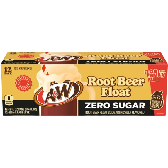 A&W Root Beer Float Zero Sugar Soda, 12 Pack of 12 oz Cans
